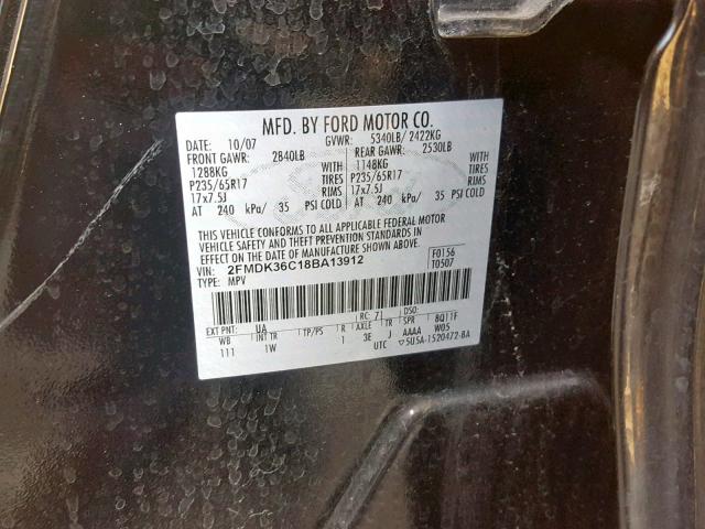 2FMDK36C18BA13912 - 2008 FORD EDGE SE BLACK photo 10