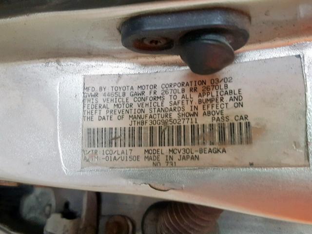 JTHBF30G925027711 - 2002 LEXUS ES 300 GRAY photo 10