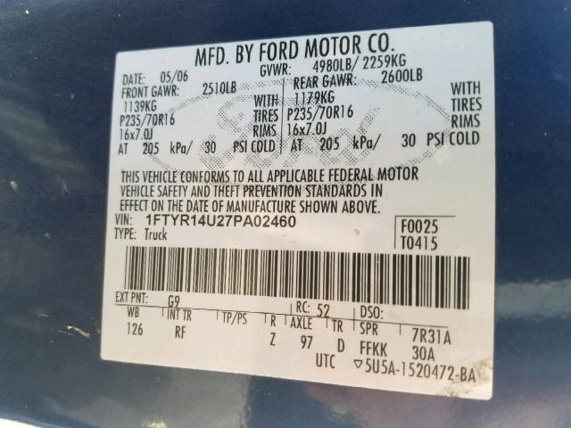 1FTYR14U27PA02460 - 2007 FORD RANGER SUP BLUE photo 10