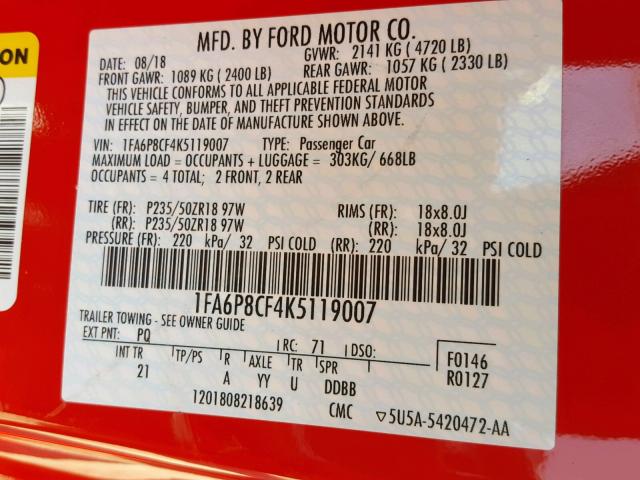 1FA6P8CF4K5119007 - 2019 FORD MUSTANG GT RED photo 10