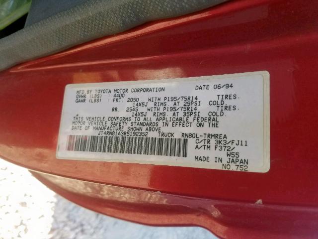 JT4RN81A3R5192352 - 1994 TOYOTA PICKUP 1/2 RED photo 10