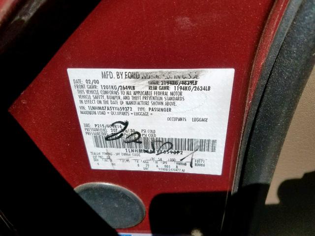 1LNHM87A5YY859372 - 2000 LINCOLN LS 勃艮第红 照片 10