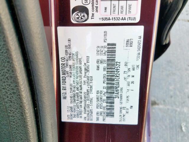 3FAHP0JA1CR249522 - 2012 FORD FUSION SEL BURGUNDY photo 10