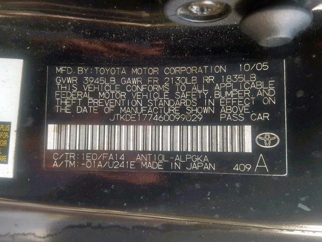 JTKDE177460099029 - 2006 TOYOTA SCION TC ლურჯი ფოტო 10