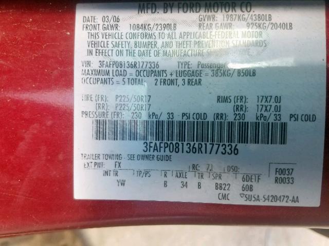 3FAFP08136R177336 - 2006 FORD FUSION SEL RED photo 10