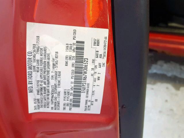 1FAFP31N67W306523 - 2007 FORD FOCUS ZX3 RED photo 10