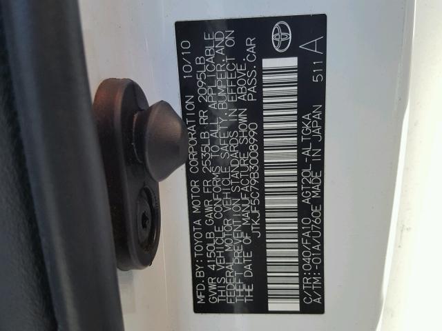 JTKJF5C79B3008990 - 2011 TOYOTA SCION TC თეთრი ფოტო 10