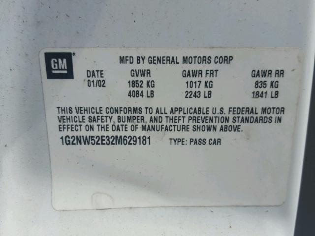 1G2NW52E32M629181 - 2002 PONTIAC GRAND AM G WHITE photo 10