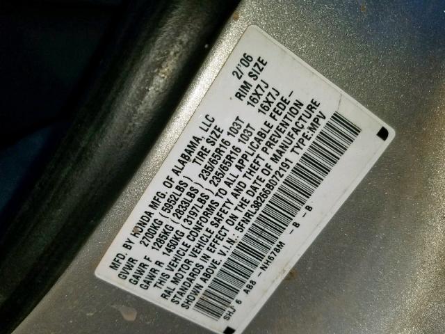 5FNRL38266B072191 - 2006 HONDA ODYSSEY LX SILVER photo 10