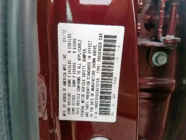 1HGCP2F80CA075704 - 2012 HONDA ACCORD EXL BURGUNDY photo 10