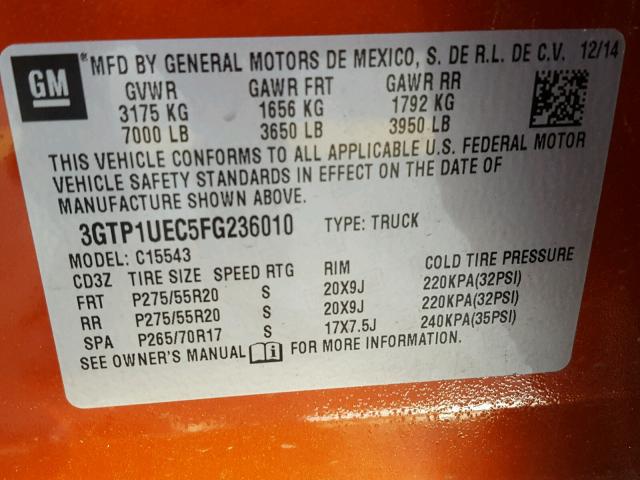 3GTP1UEC5FG236010 - 2015 GMC SIERRA C15 ORANGE photo 10