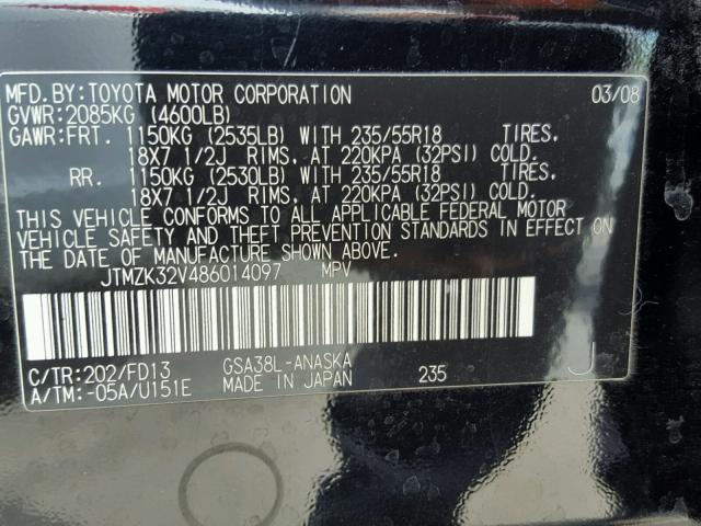 JTMZK32V486014097 - 2008 TOYOTA RAV4 SPORT BLACK photo 10