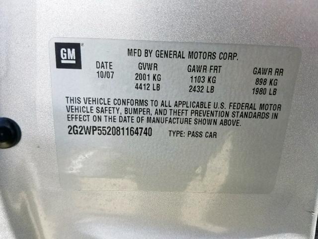 2G2WP552081164740 - 2008 PONTIAC GRAND PRIX SILVER photo 10