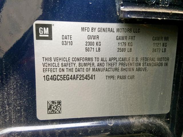 1G4GC5EG4AF254541 - 2010 BUICK LACROSSE C BLUE photo 10