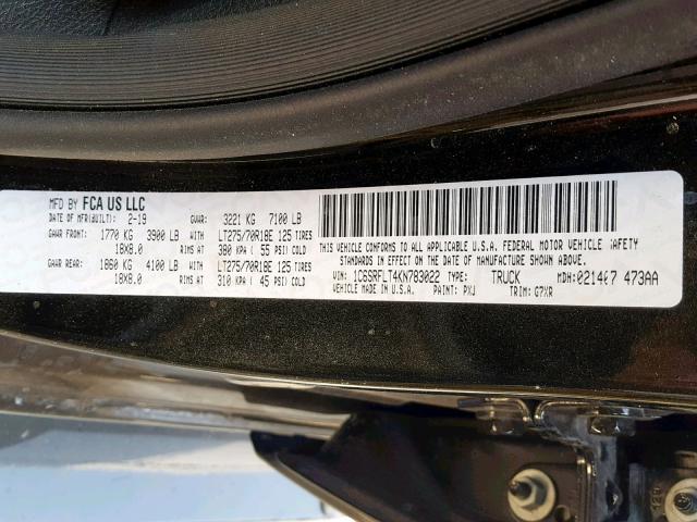 1C6SRFLT4KN783022 - 2019 RAM 1500 REBEL შავი ფოტო 10