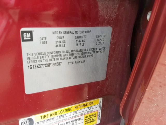 1G1ZK577X9F194587 - 2009 CHEVROLET MALIBU LTZ წითელი ფოტო 10