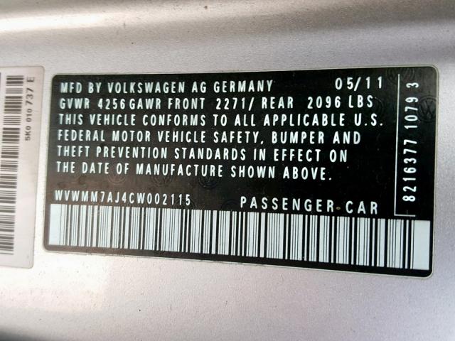 WVWMM7AJ4CW002115 - 2012 VOLKSWAGEN GOLF 银色 照片 10