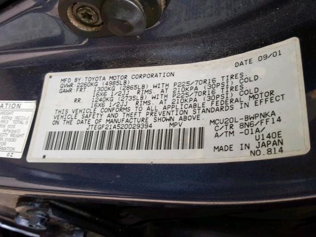 JTEGF21A520029394 - 2002 TOYOTA HIGHLANDER BLUE photo 10