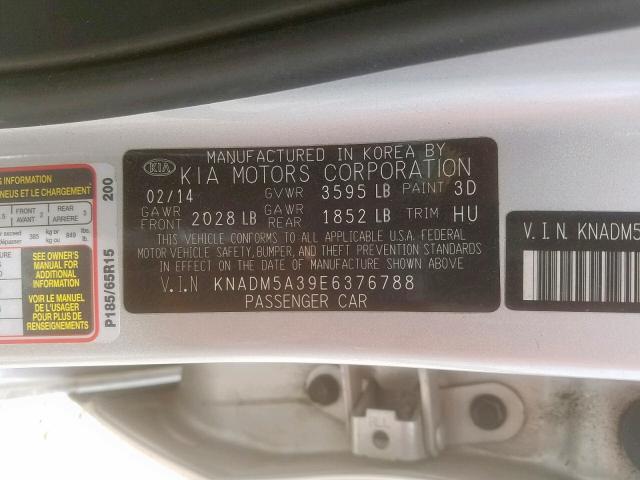 KNADM5A39E6376788 - 2014 KIA RIO LX SILVER photo 10