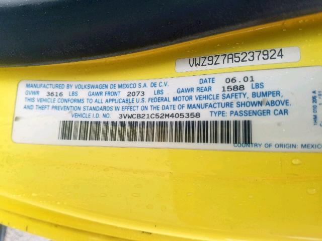 3VWCB21C52M405358 - 2002 VOLKSWAGEN NEW BEETLE YELLOW photo 10