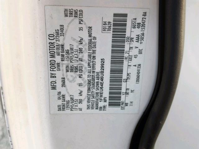 1FMEU64E46UB29925 - 2006 FORD EXPLORER E WHITE photo 10