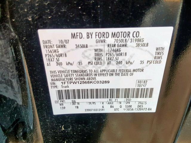 1FTPW12568KC03289 - 2008 FORD F150 SUPER BLACK photo 10