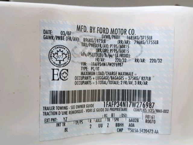 1FAFP34N17W276987 - 2007 FORD FOCUS ZX4 WHITE photo 10