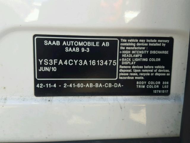 YS3FA4CY3A1613475 - 2010 SAAB 9-3 2.0T WHITE photo 10