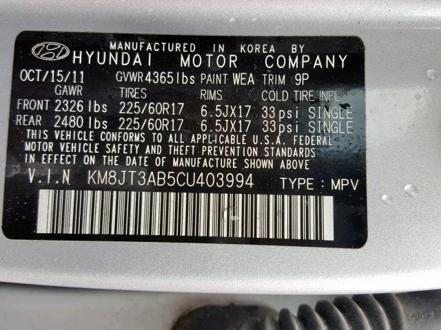 KM8JT3AB5CU403994 - 2012 HYUNDAI TUCSON GL SILVER photo 10