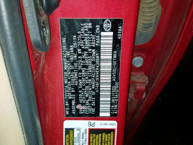 4T4BF1FK4ER439581 - 2014 TOYOTA CAMRY L 红色 照片 10