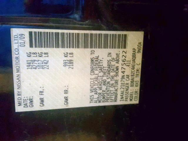 1N4AL21E79N475622 - 2009 NISSAN ALTIMA 2.5 BLACK photo 10