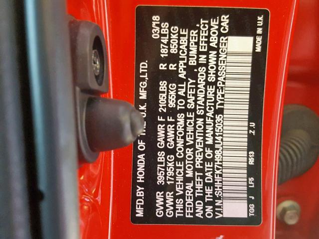 SHHFK7H98JU415035 - 2018 HONDA CIVIC SPOR RED photo 10