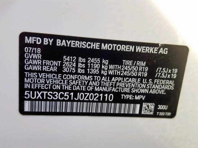 5UXTS3C51J0Z02110 - 2018 BMW X3 XDRIVEM WHITE photo 10