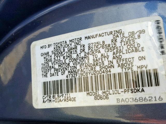 4T3ZF19C8YU200494 - 2000 TOYOTA SIENNA CE BLUE photo 10