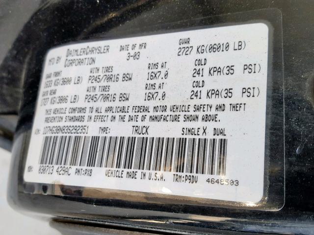 1D7HG38N83S292351 - 2003 DODGE DAKOTA QUA BLACK photo 10