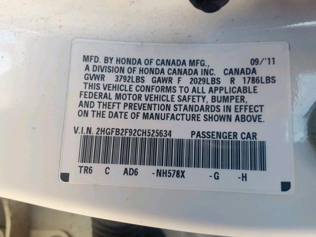 2HGFB2F92CH525634 - 2012 HONDA CIVIC EXL 白色 照片 10