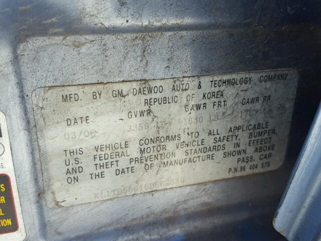 KL1TD56616B662586 - 2006 CHEVROLET AVEO BASE Mavi foto 10