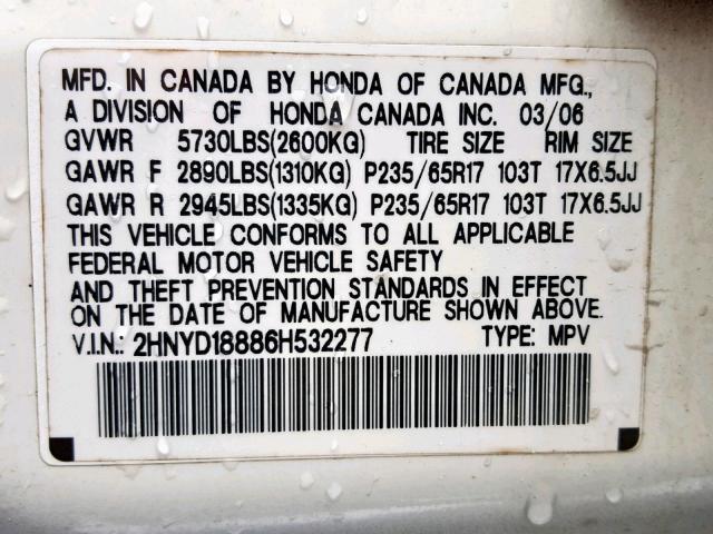 2HNYD18886H532277 - 2006 ACURA MDX TOURIN WHITE photo 10