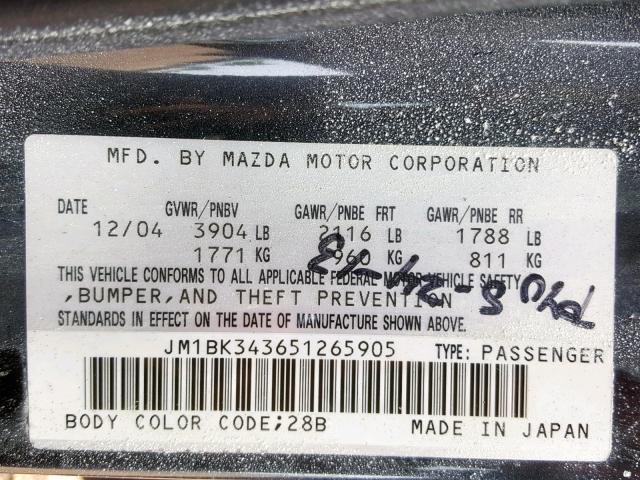 JM1BK343651265905 - 2005 MAZDA 3 HATCHBAC BLACK photo 10