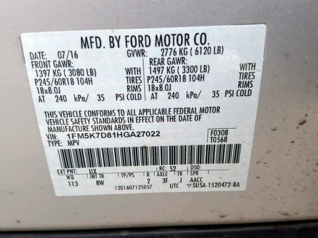 1FM5K7D81HGA27022 - 2017 FORD EXPLORER X SILVER photo 10