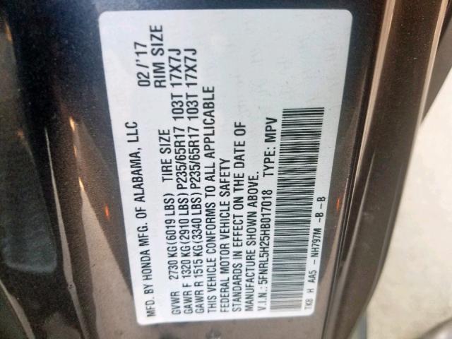 5FNRL5H25HB017018 - 2017 HONDA ODYSSEY LX GRAY photo 10