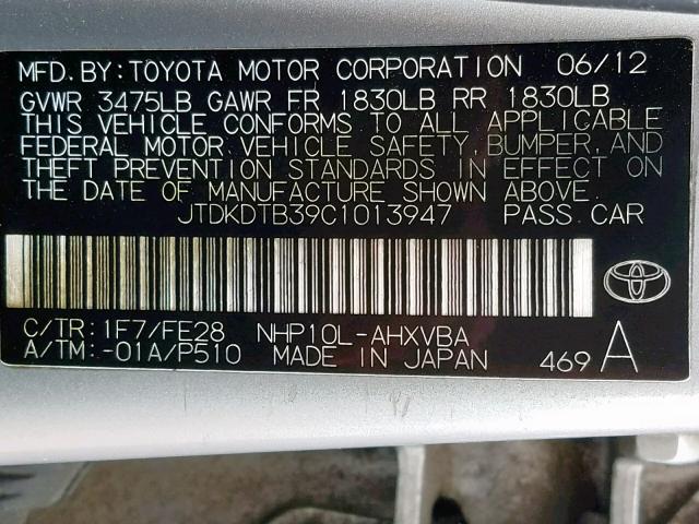 JTDKDTB39C1013947 - 2012 TOYOTA PRIUS C SILVER photo 10