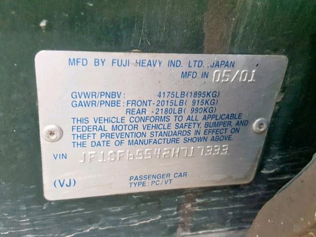 JF1SF65542H717333 - 2002 SUBARU FORESTER S Yaşıl foto 10