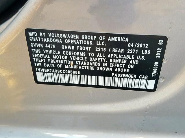 1VWBH7A38CC085656 - 2012 VOLKSWAGEN PASSAT SE SILVER photo 10