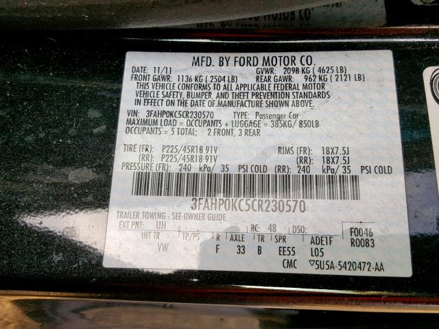 3FAHP0KC5CR230570 - 2012 FORD FUSION SPO BLACK photo 10