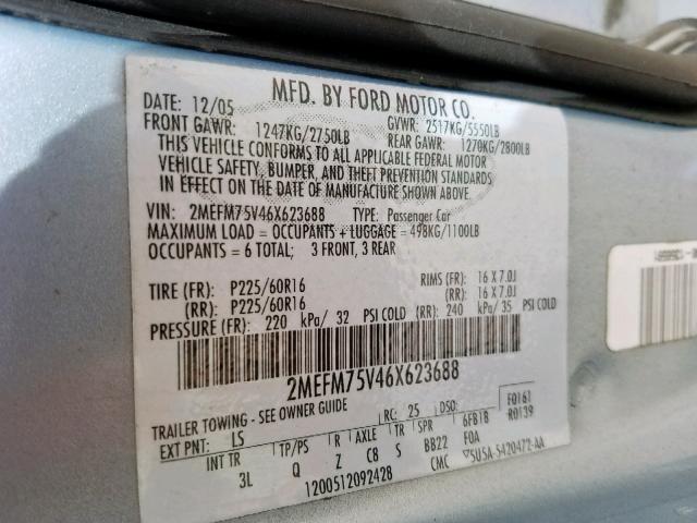 2MEFM75V46X623688 - 2006 MERCURY GRAND MARQ BLUE photo 10