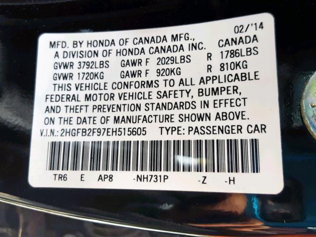 2HGFB2F97EH515605 - 2014 HONDA CIVIC EXL 黑色 照片 10