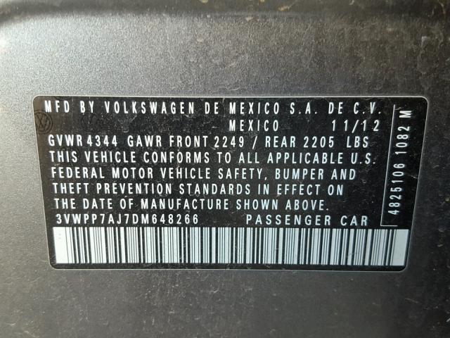 3VWPP7AJ7DM648266 - 2013 VOLKSWAGEN JETTA S 灰色 照片 10