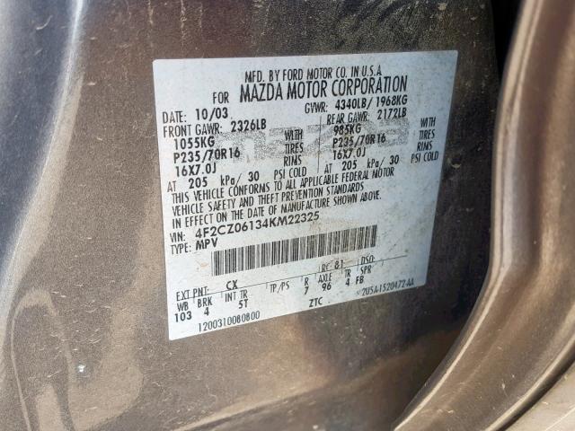 4F2CZ06134KM22325 - 2004 MAZDA TRIBUTE ES 灰色 照片 10