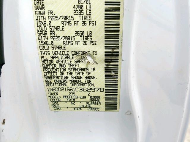 1N6DD21S81C362978 - 2001 NISSAN FRONTIER X WHITE photo 10